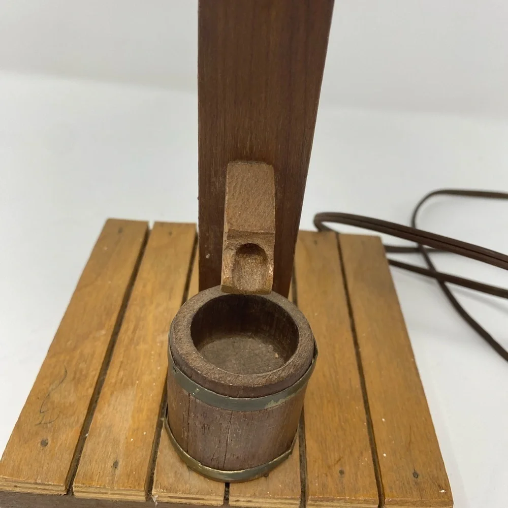 Vintage Table Lamp with Rustic Wood Base and Barrel Detail